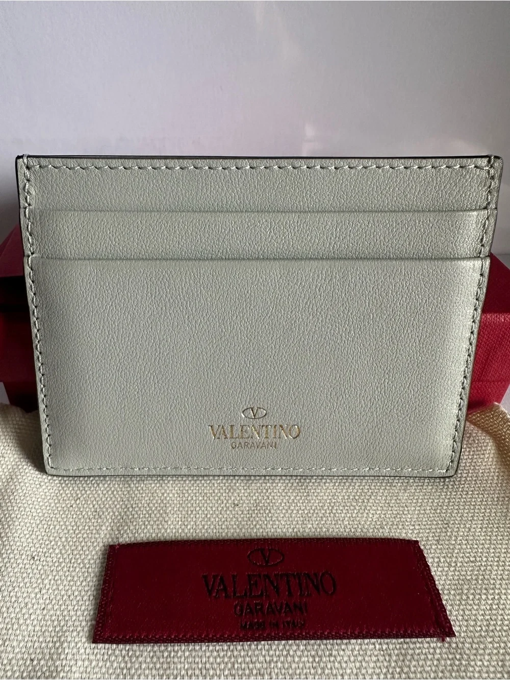 NWT Valentino Garavani Rockstud Light Grey Leather Card Holder Full Set